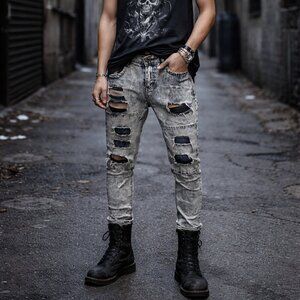 WEST 49 size 13/14 skinny fit distressed jeans, frayed hems, zipper buckle front